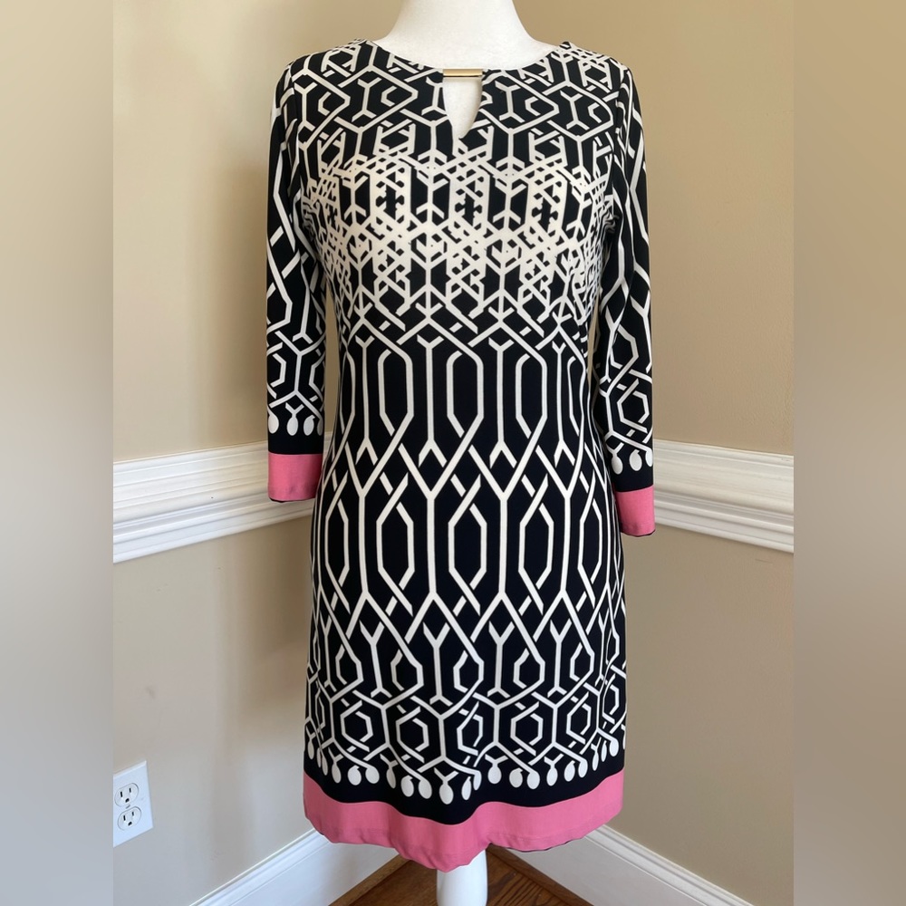 Haani Shift Dress, Geometric, Black Pink, Jersey Sheath, Medium, 3/4 Sleeve